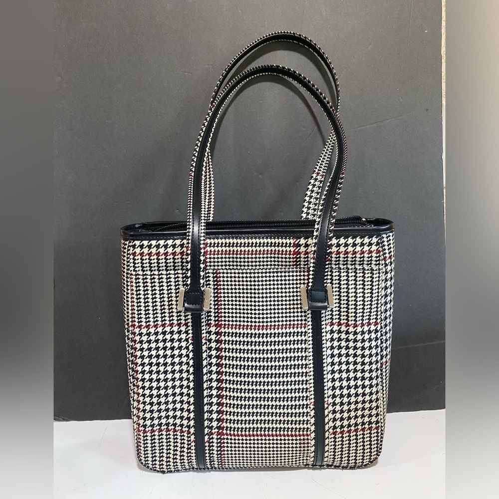 Ralph Lauren Black Grey and Red Stripe Houndstooth Tote Shoulder Bag - Picture 2 of 16